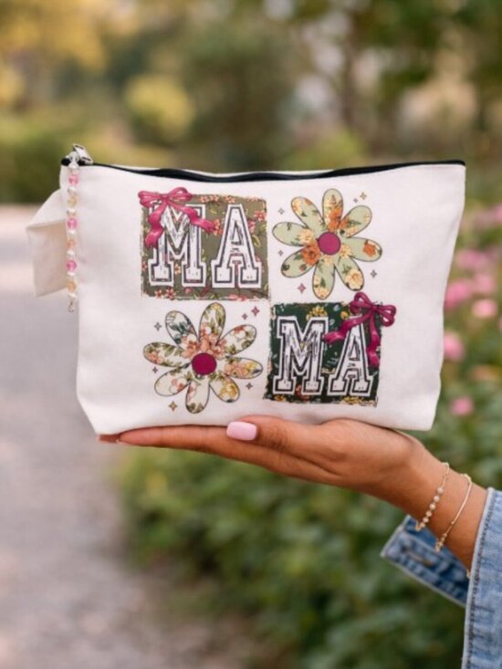 Handbags - 'MAMA' Floral Graphic Design Pink and White Cosmetic Makeup Pouch Wristlet Bag